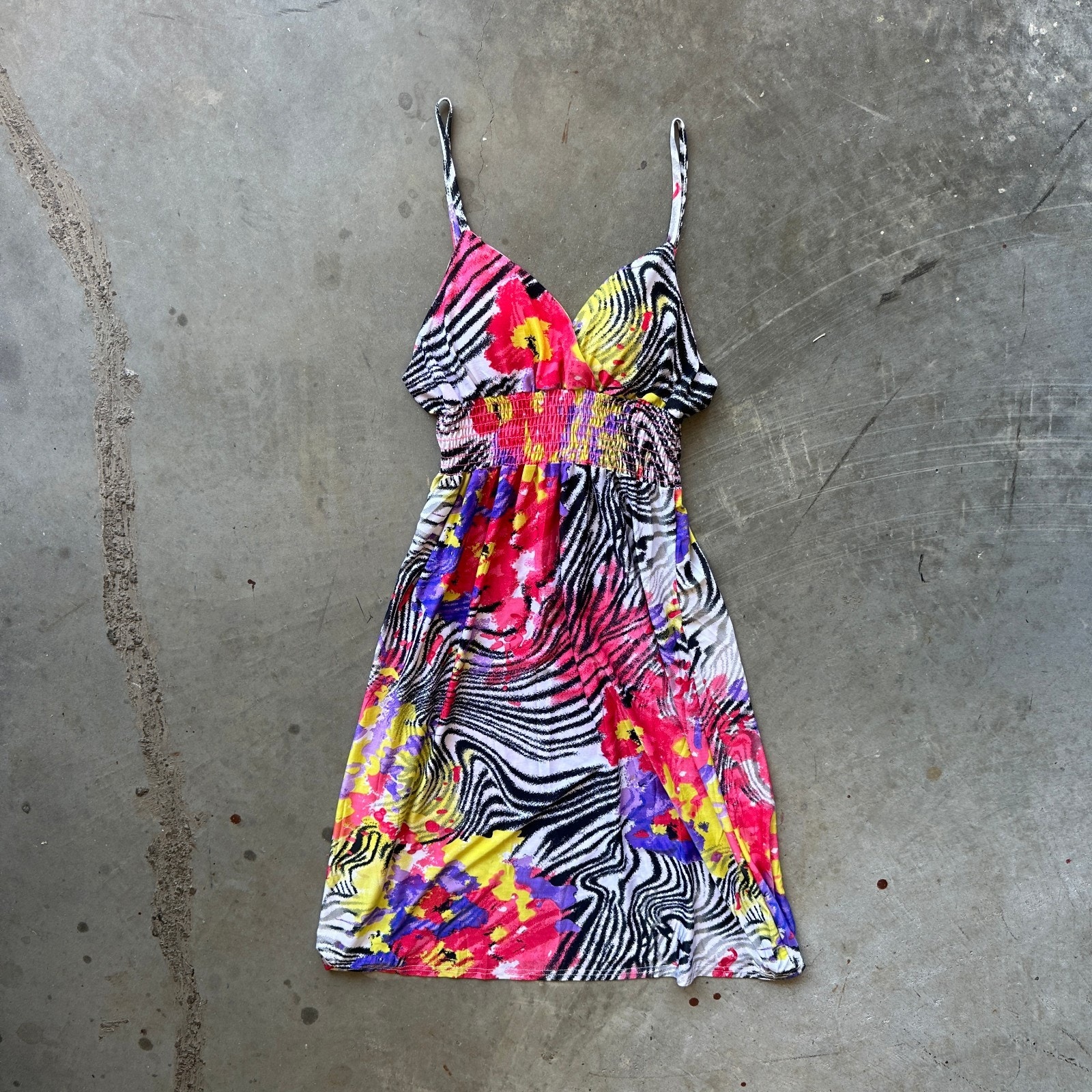 Ocean Blue Dress Women's L Multicolor Abstract Floral Spaghetti Straps Stretch